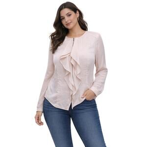 Jennifer Lopez Blush Ruffle Front Blouse Zip Front Long Sleeve L/14
